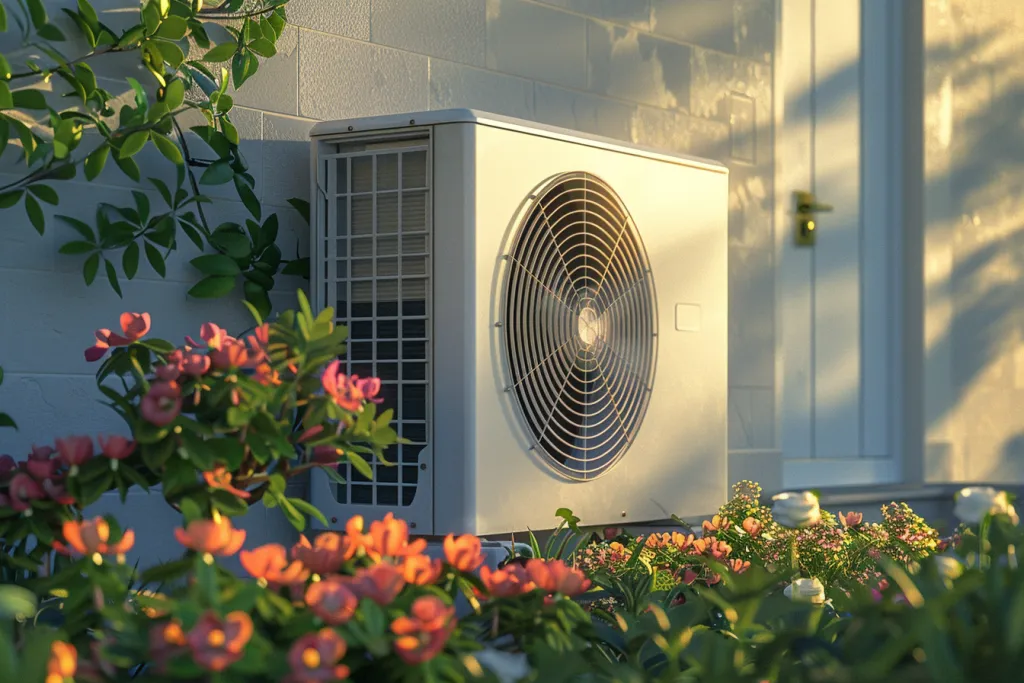 A photorealistic depiction of an outdoor heat pump