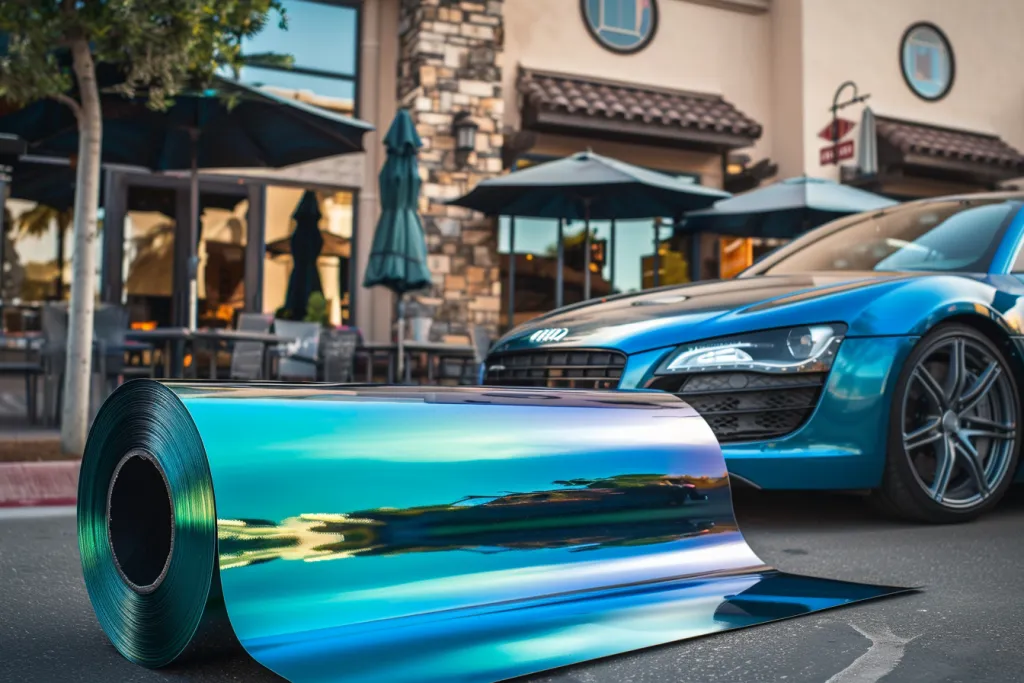 A roll of blue and green chrome car wrap vinyl