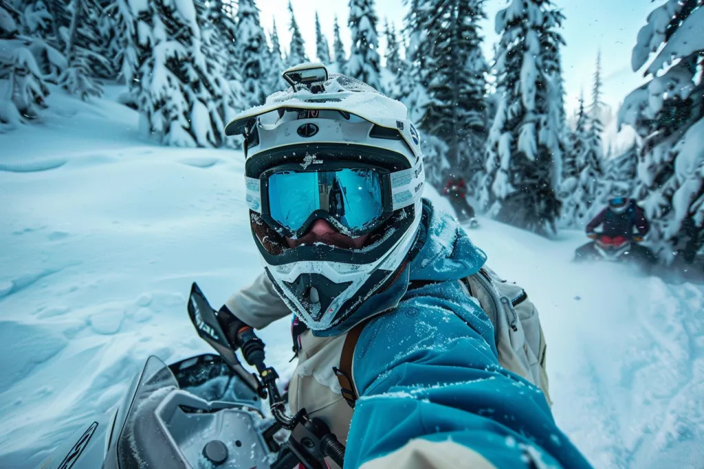 A selfie of a snowmobile pilot in blue and white gear
