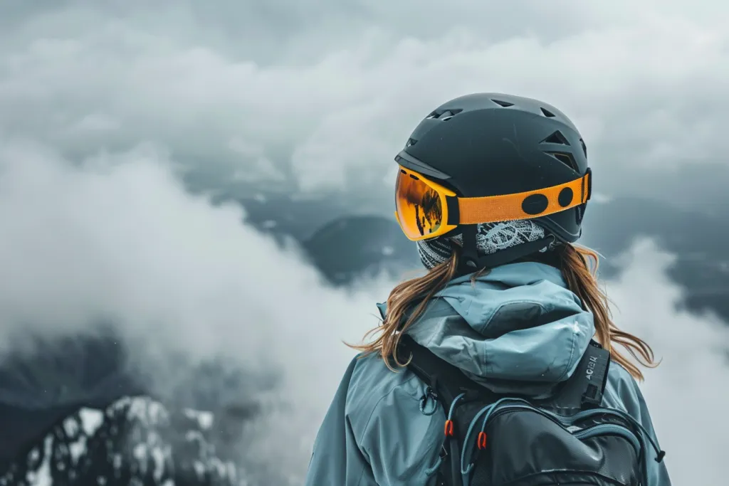 A snowboarder in an open jacket and helmet