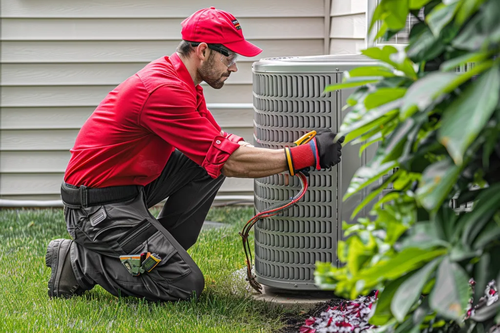 A technician in a red uniform, wearing gloves and boots is working on a heat pump