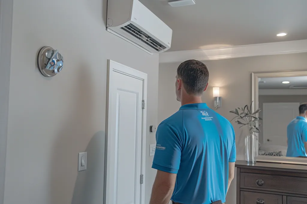 A technician wearing a blue t-shirt with a white print on it is about to clean an air conditioner