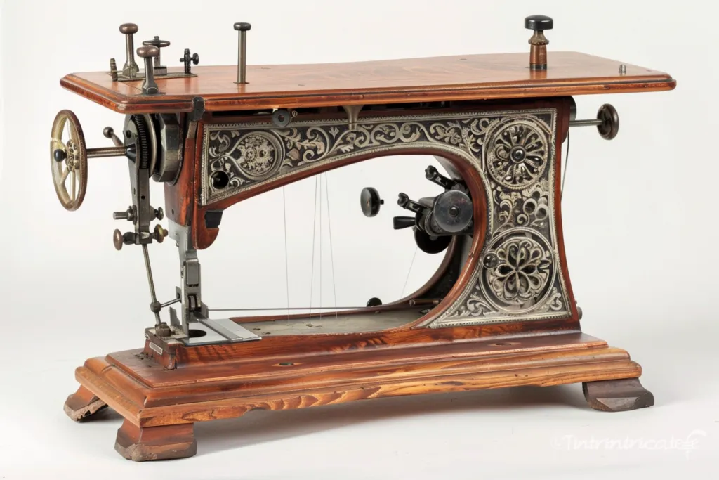 A vintage sewing machine with an iron frame