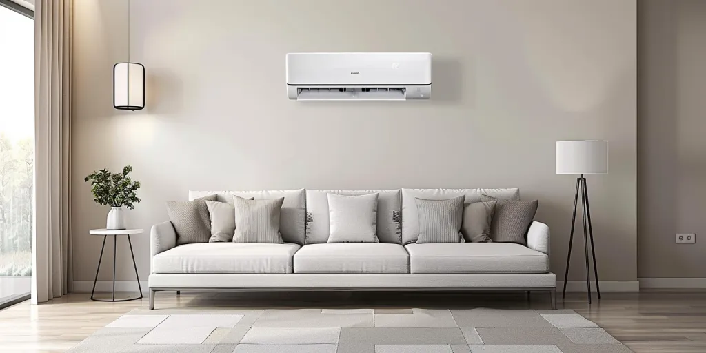 A white air conditioner is hung on the wall of an elegant living room