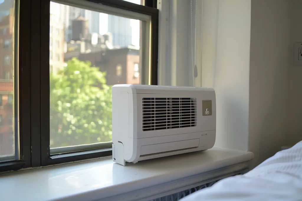 A white air conditioner sitting on the window sill of an apartment