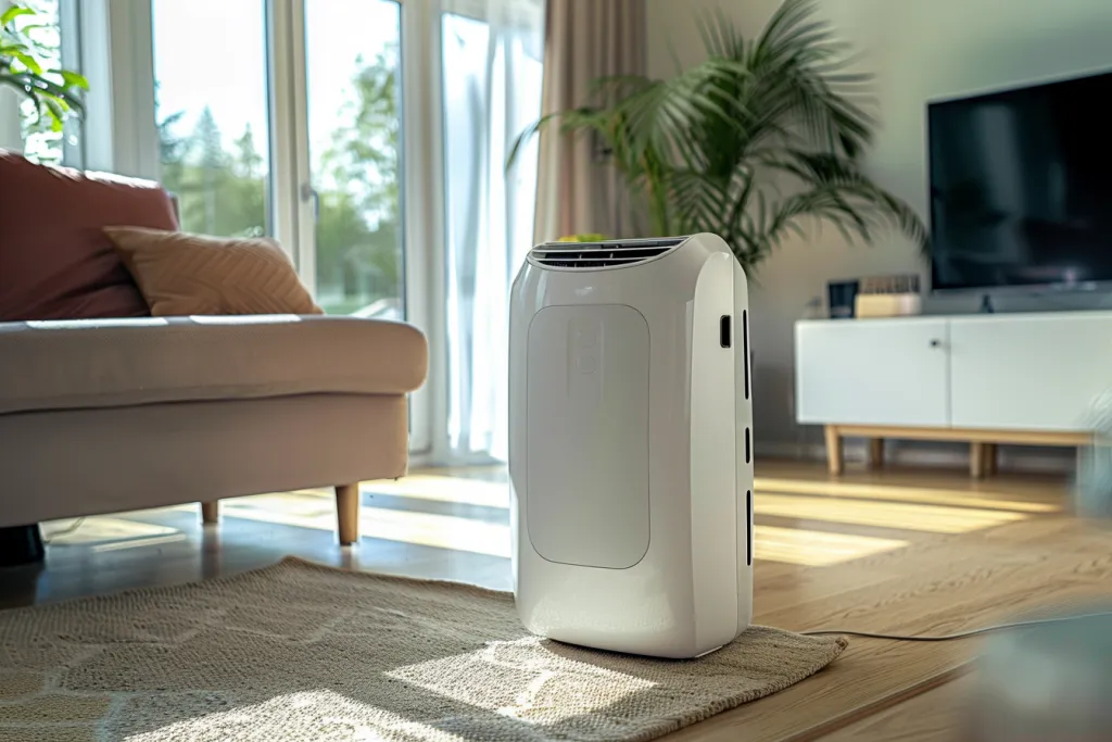 A white portable air conditioner in a home setting
