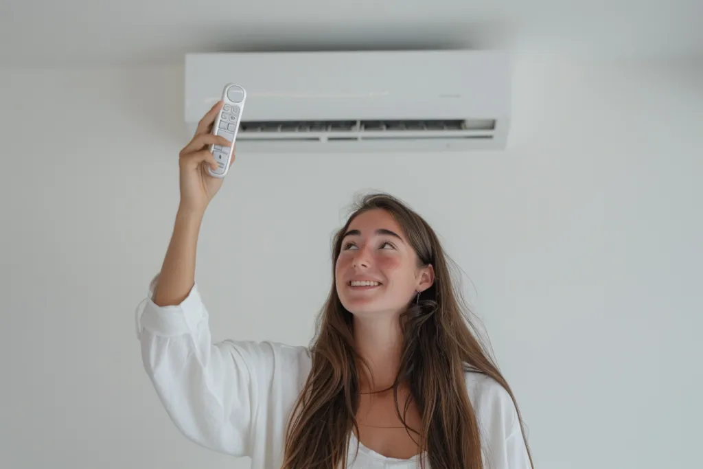 A woman in her home setting, holding the remote control of an air conditioner