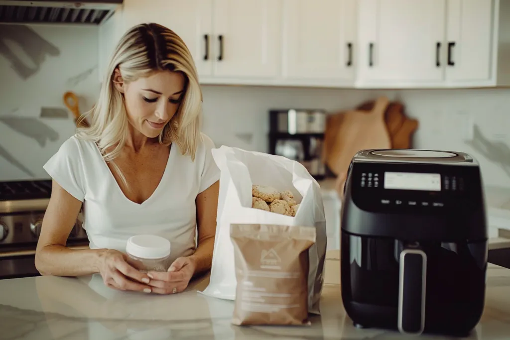 A woman is using an air fryer to make cookies