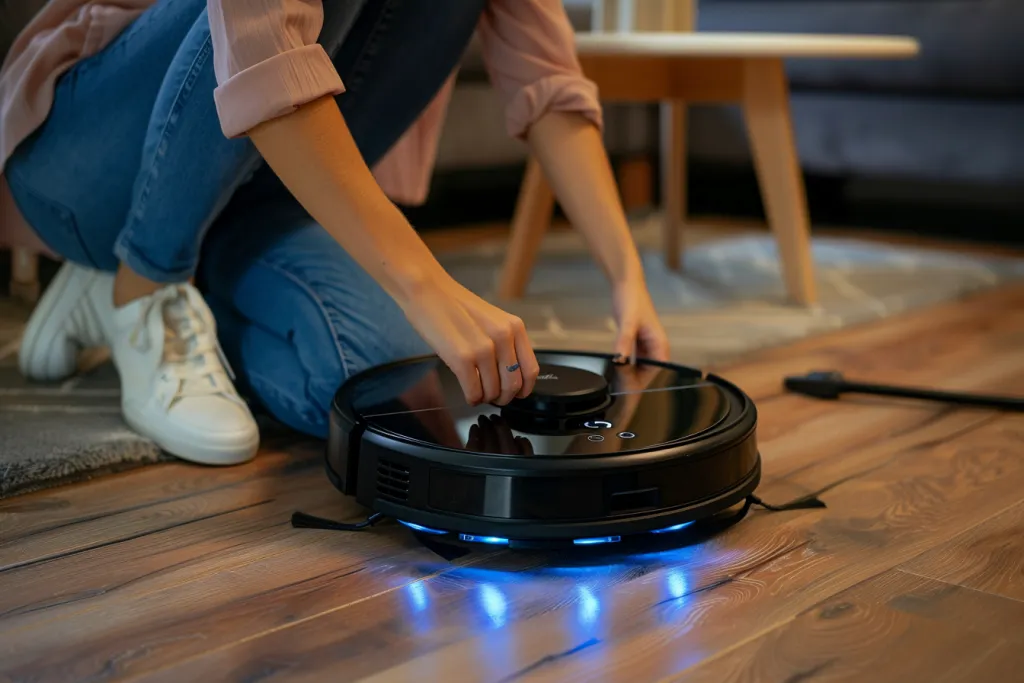A woman is using a floor cleaning robot to clean her wooden floors