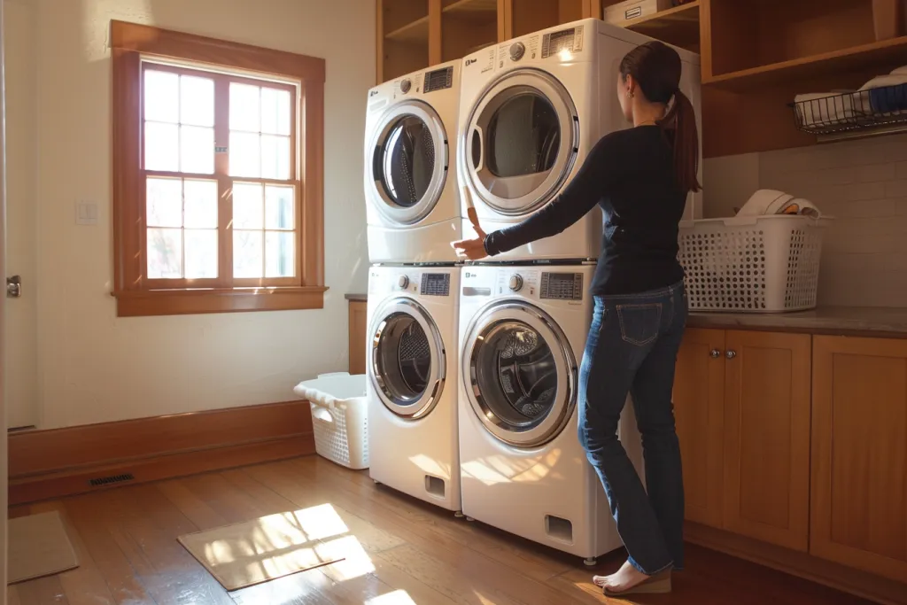 A woman is using the laundry room of her home