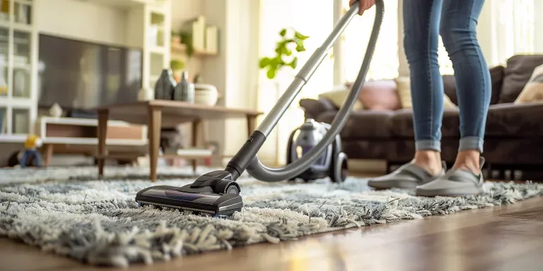 A woman is using the vacuum cleaner