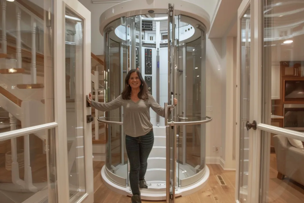 A woman standing next to an indoor glass elevator in her home