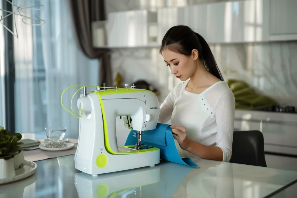 A woman using the new sewing machine