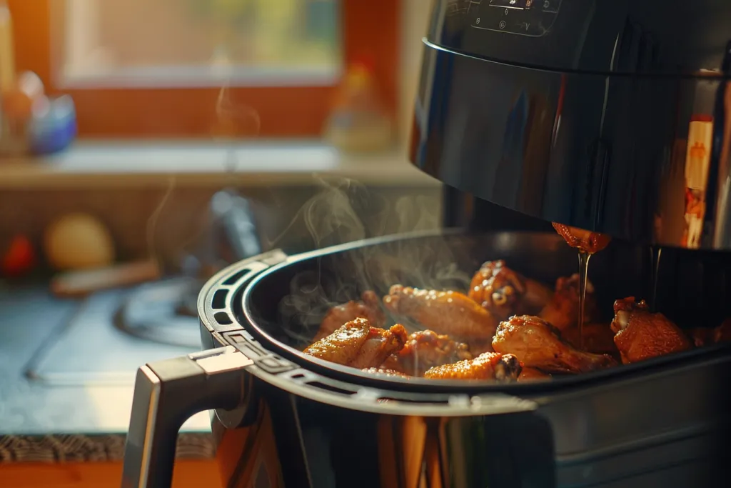 Air fryer with chicken wings being fried inside
