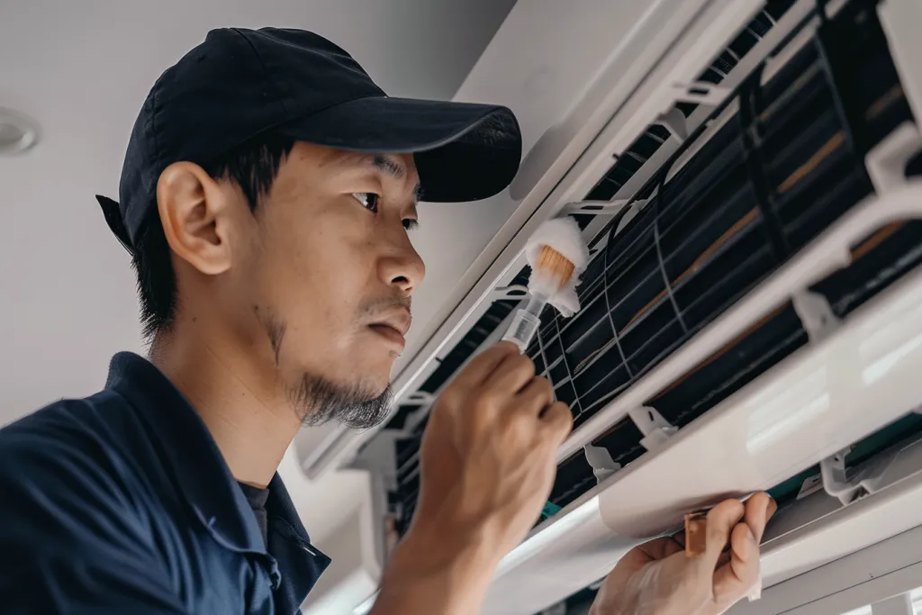 An Asian technician is cleaning the air conditioner filter