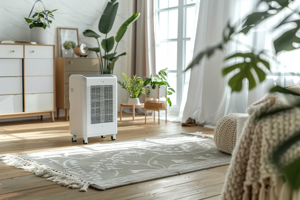 An air conditioner on wheels in the living room of an apartment