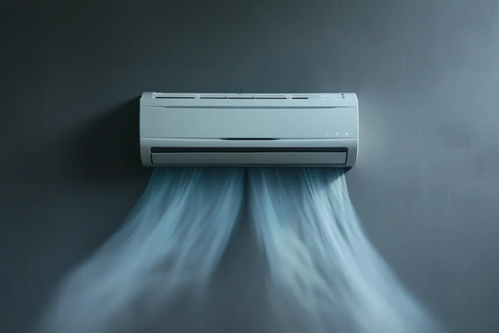 An air conditioner with white and light blue air flowing out from it