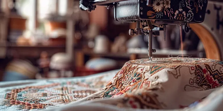 An embroidery machine has embroidery on the hoop