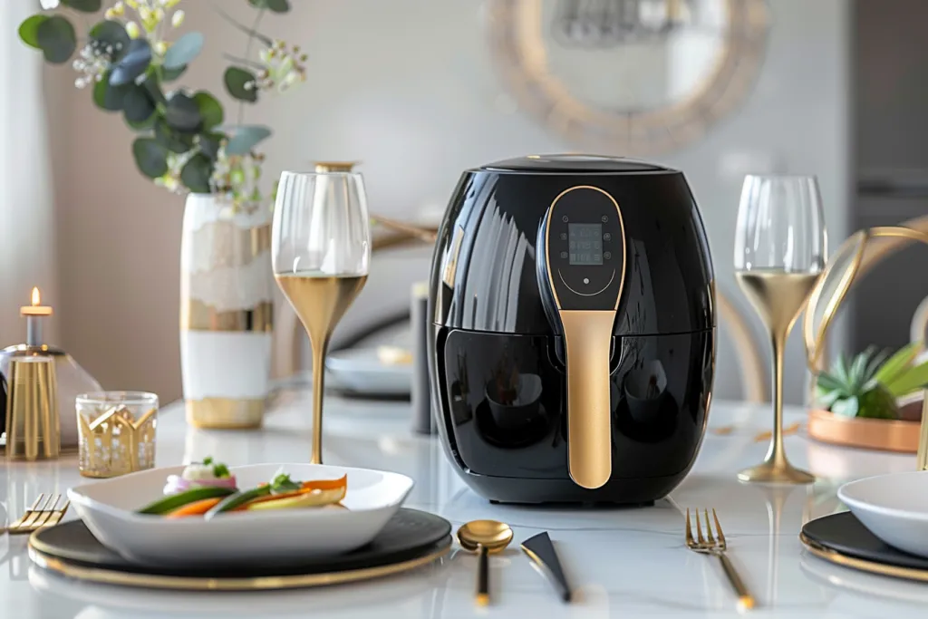 Black air fryer on white table with gold cutlery