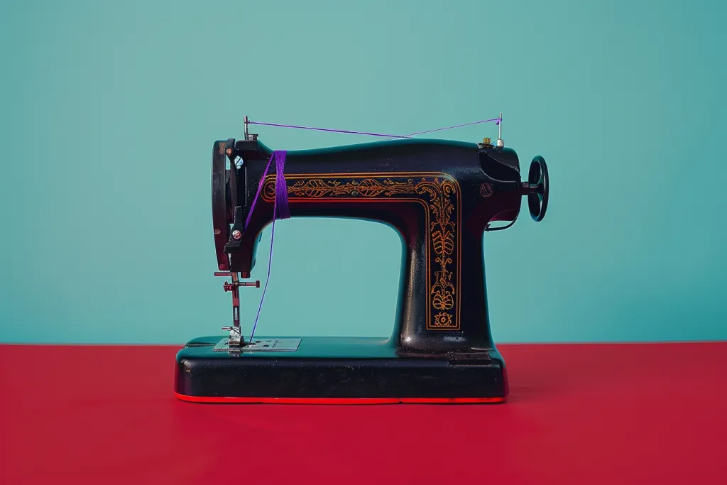Black sewing machine on red table