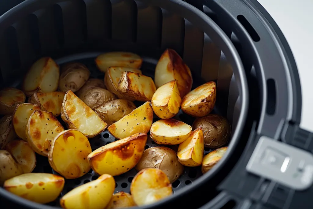 Close up of air fryer with fried potatoes against a white background