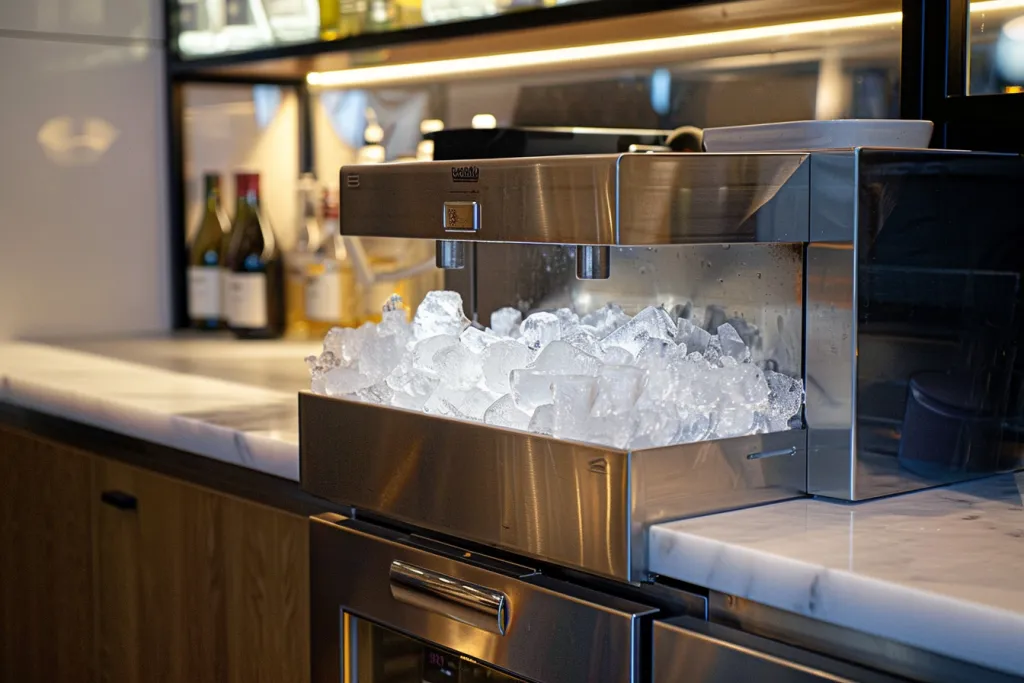 an ice maker with large white and clear ice inside