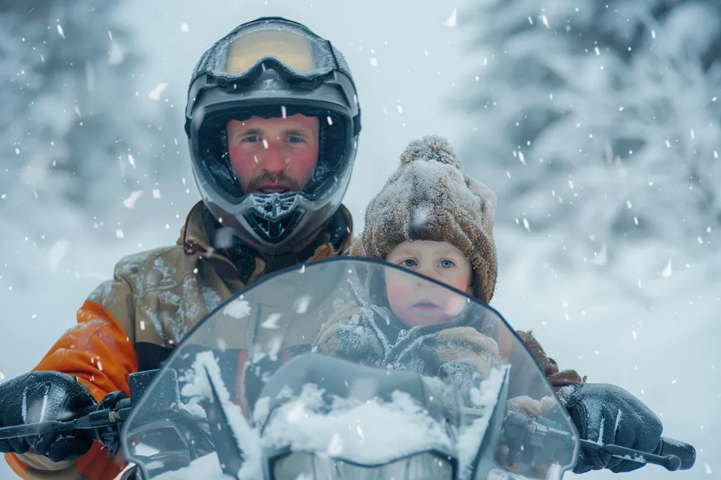 Dad and son on snowmobile, with helmet