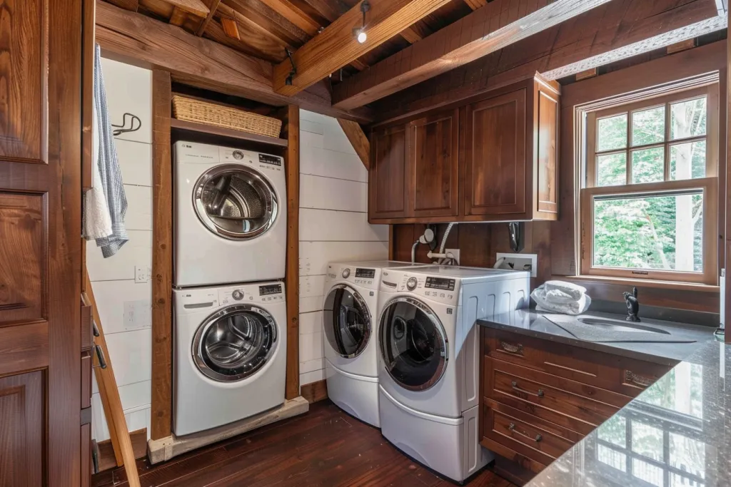 Dark brown cabinets in the laundry room with a double stack washing machine and dryer