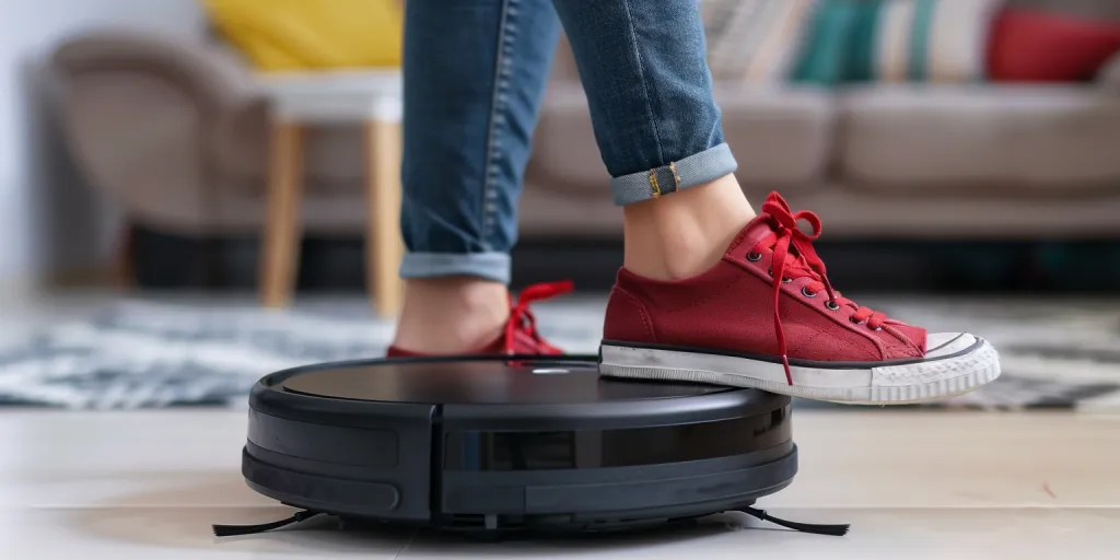 Photo of a person stepping on the robot vacuum cleaner