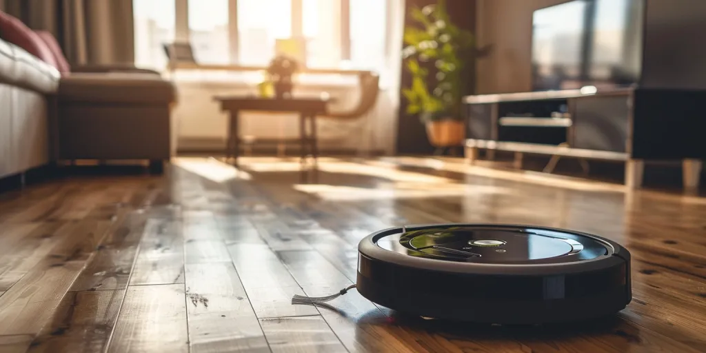 Photo of a Roomba cleaning the wooden floor in an apartment