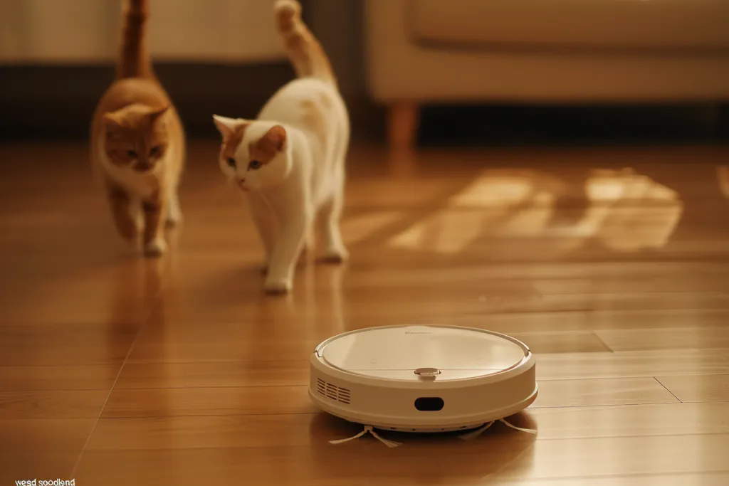 Photo of a robot vacuum cleaner in an empty room with two cats running around