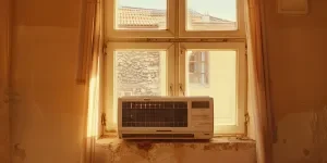 There's a light colored wall behind the chest high AC unit