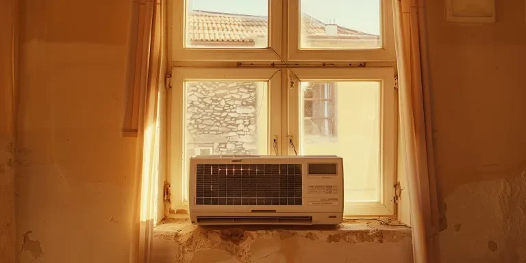 There's a light colored wall behind the chest high AC unit