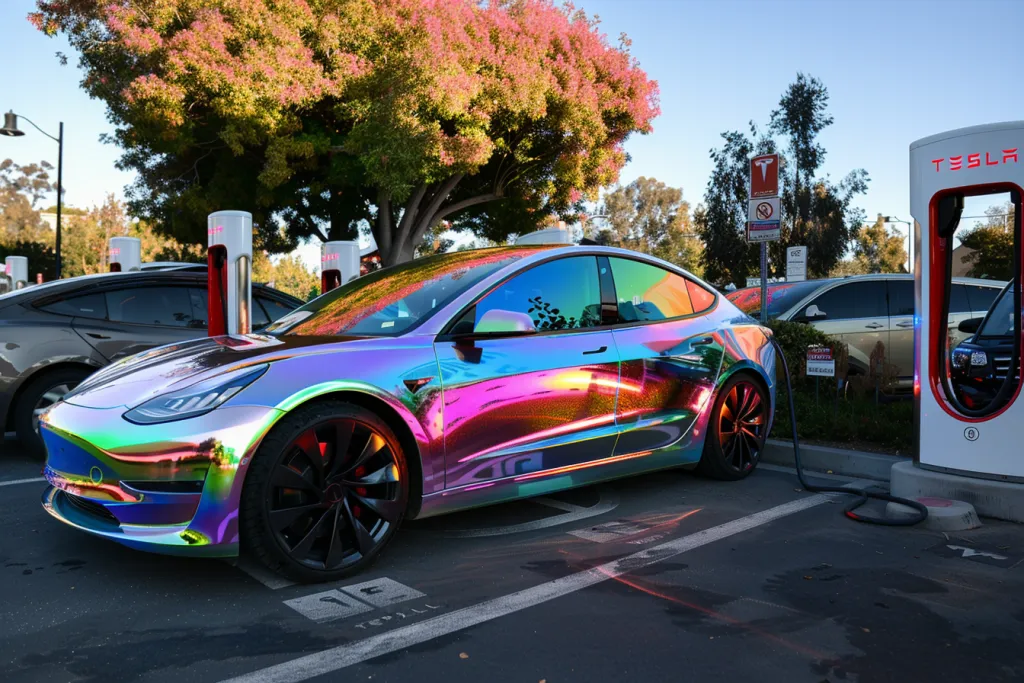 Photo of an electric car with holographic paint