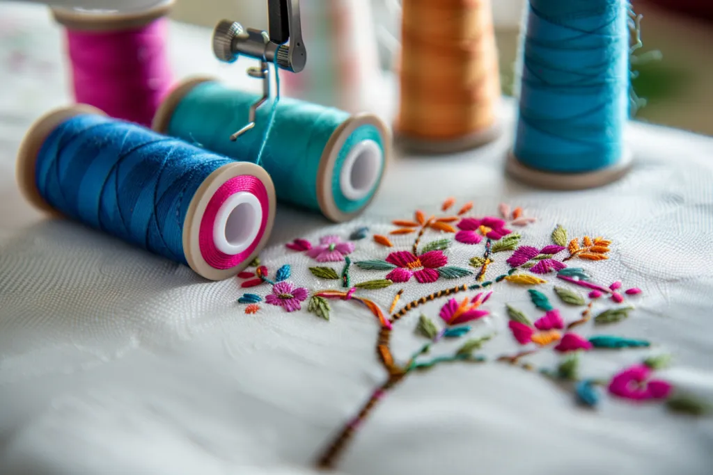 Photo of an embroidery machine with colorful thread