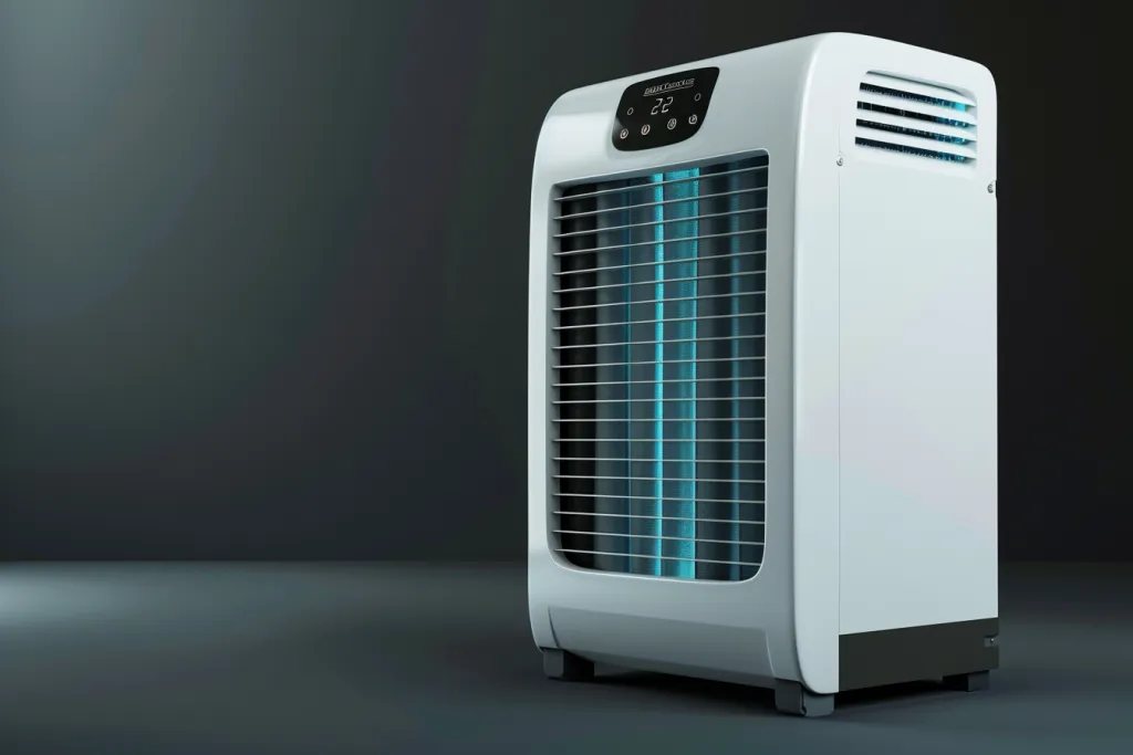 Photorealistic of A white portable air conditioner with black elements