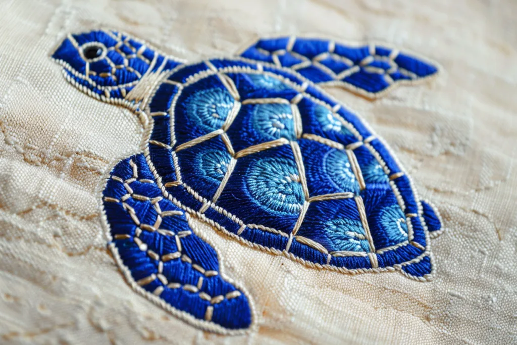 The embroidery machine embroidered a blue and white turtle design