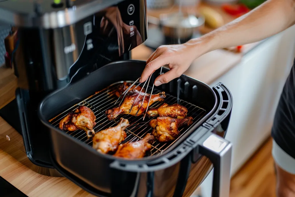 The person is using the air fryer to cook chicken legs