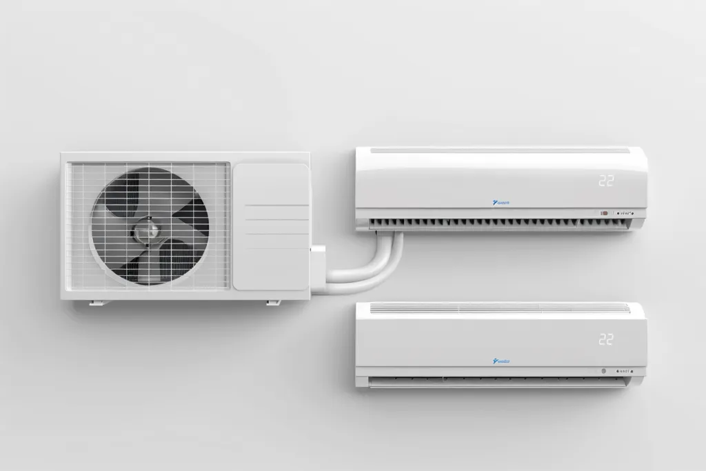 This is an air conditioner with a white background shown from a top view and side view