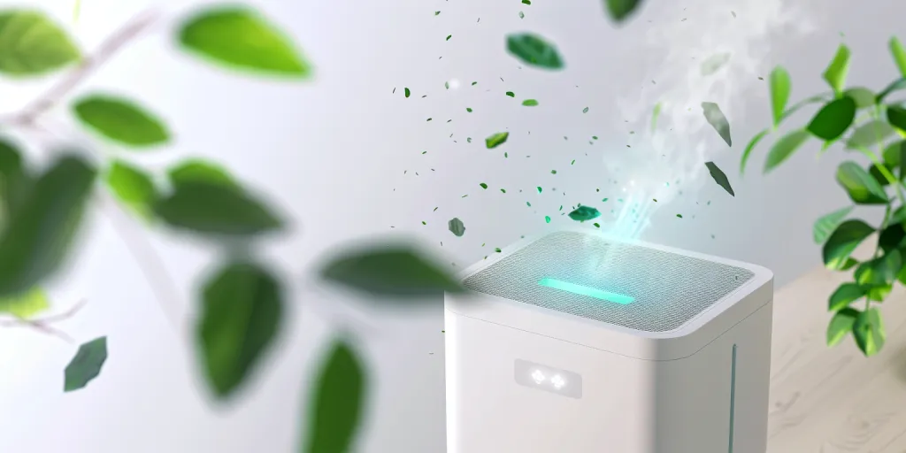 White air purifier with blue light and green leaves