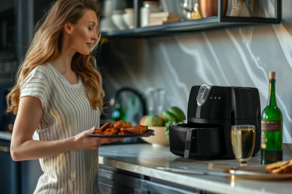 Woman using an air fryer to cook food in the kitchen at home