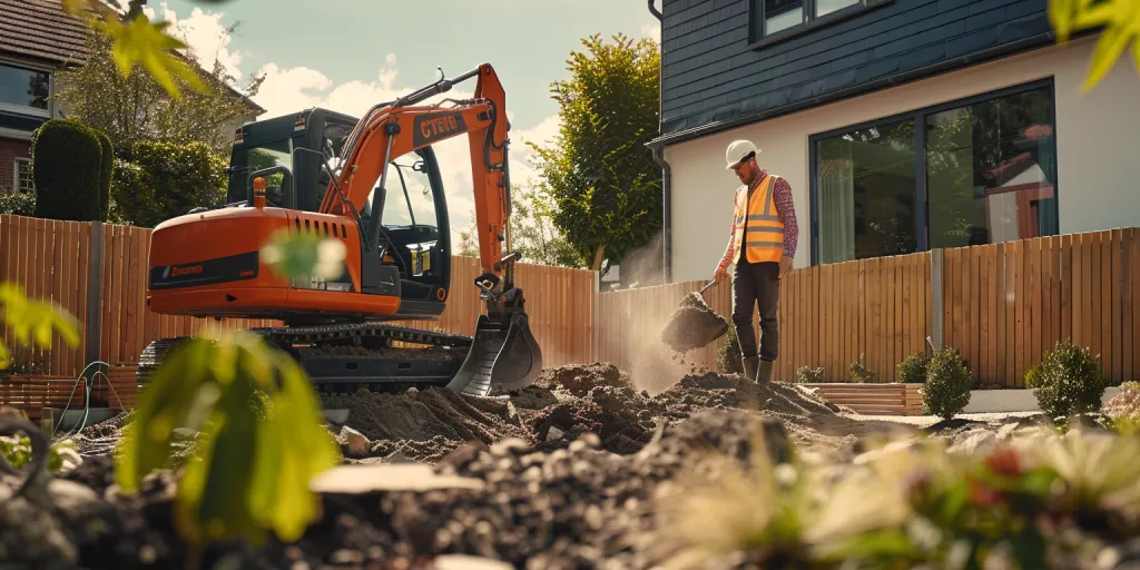 a photo of an orange compact excavator on the ground