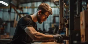 A man in his mid30s with short brown hair and beard is using band saw