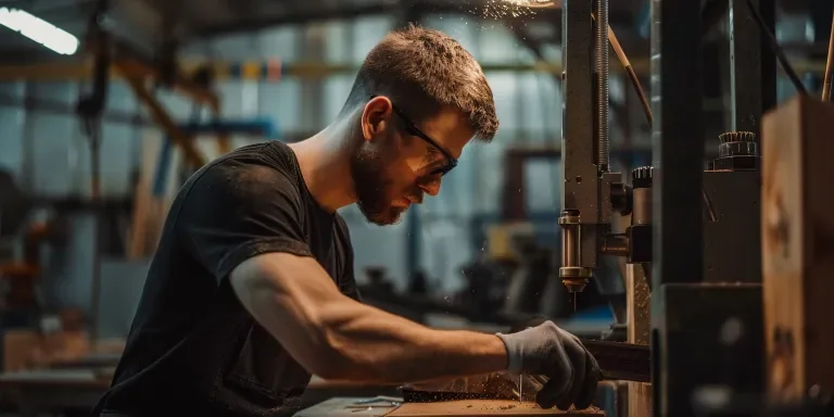 A man in his mid30s with short brown hair and beard is using band saw