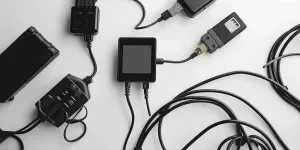 a small black digital display with wires and cables attached to the car on white background