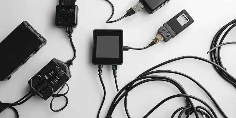 a small black digital display with wires and cables attached to the car on white background
