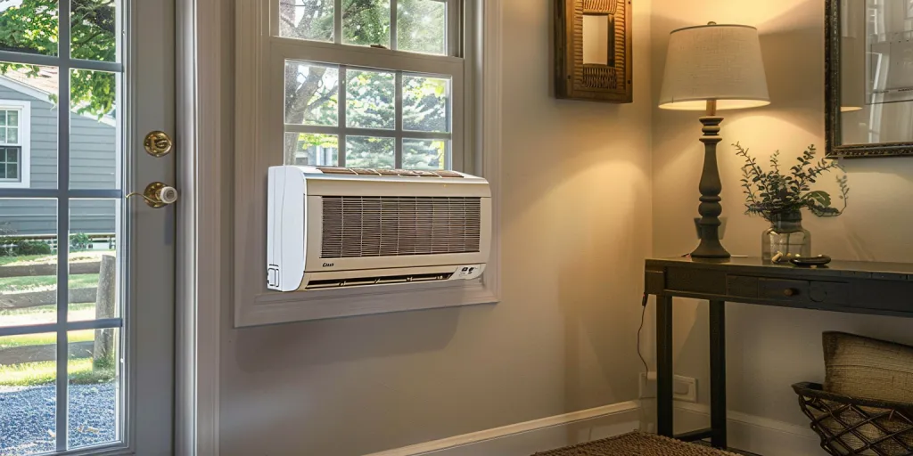 a small window air conditioner mounted on the wall next to an open door