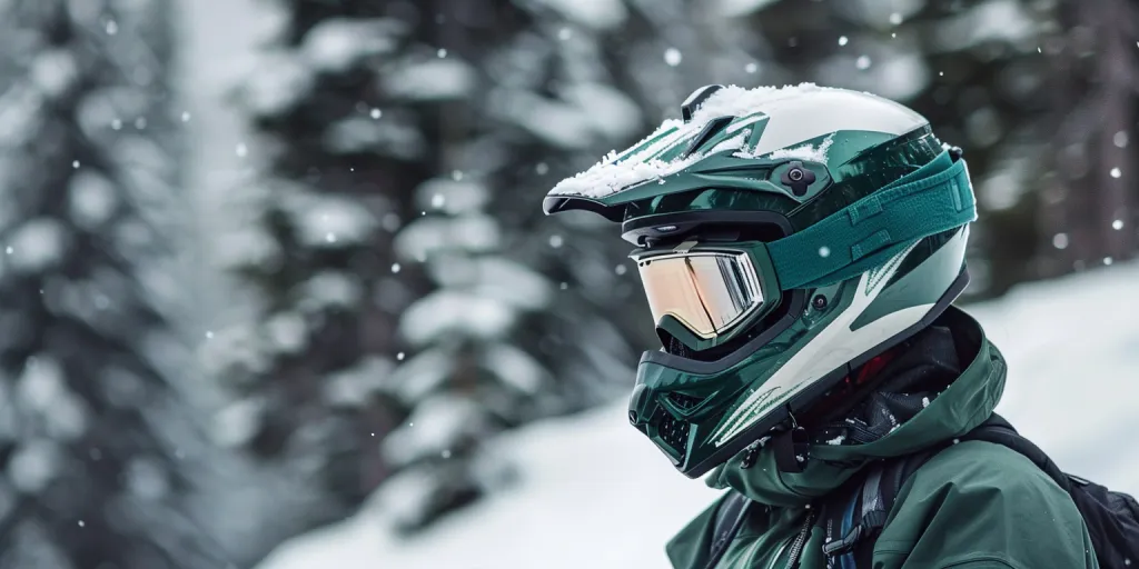 green and white snowmobile helmet with goggles