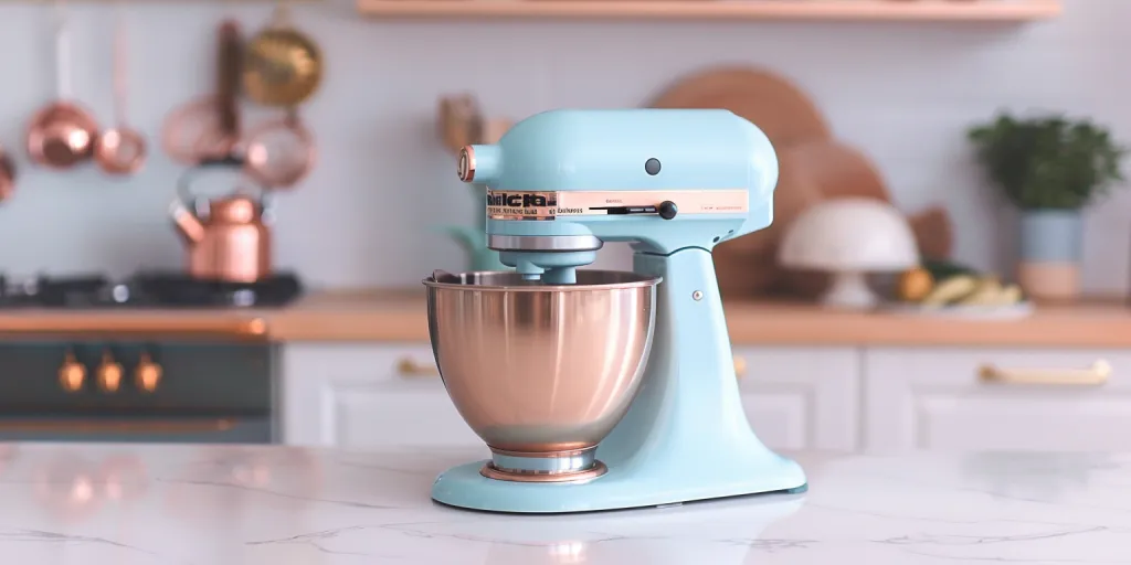 kitchen mixer in light blue with copper bowl on white kitchen counter