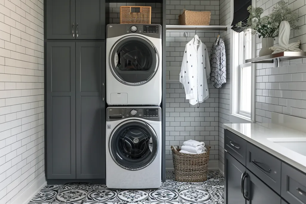 modern laundry room with stacked washing machine on top of the dryer,
